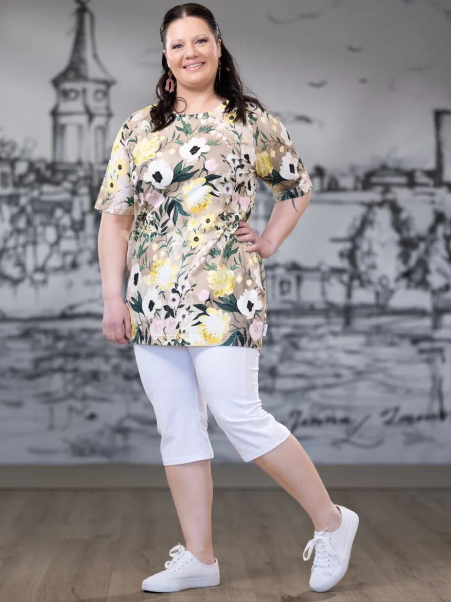 SAARAtunika lyhythiha (Kuningatarkukka keltainen / beige trikoo)
