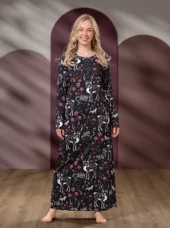 YÖmekko naisten (Porojen poluilla musta / pinkki trikoo)